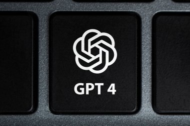 GPT 4 bon the keyboard button. Chat with AI or Artificial Intelligence. chatbot developed by Open AI. A new neural network. Barnaul. Russia March 28, 2023 clipart