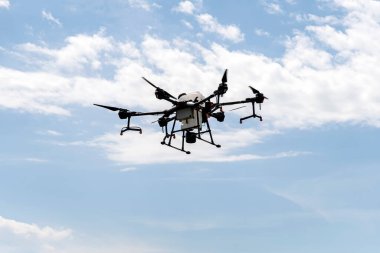Mavi gökyüzünde uçan tarım robotu. Bitkilerin tozlaşması için dörtgen. Tarım alanında modern teknolojiler.