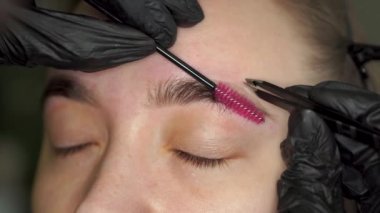 Kaş düzeltmesi. Mükemmel doğal kaşlar ve kirpikler. Pürüzsüz kaş. Doğal bir makyaj. Güzellik. Kaş ve kirpikleri yakın çekim. Uzman kozmetolog klinikteki fazla kaşları alıyor.
