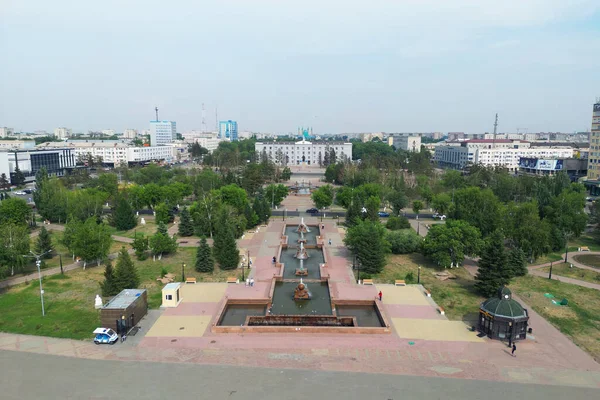 Fontaine Sur Remblai Ville Pavlodar Kazakhstan Vue Dessus Depuis Drone — Photo