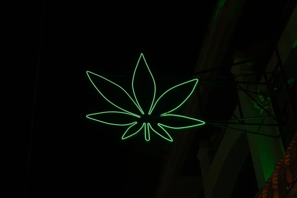 Neon Sign Brick Wall Shape Simplified Weed Leaf — Stock Photo, Image