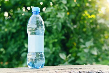 Plastik ve ağaç bulanık arka planda yapılmış şişe suyu. Paket veya ürün için duvar kağıdı, resim tazeleyici ve kopyalama alanı. Metin ve tasarım için boş etiket