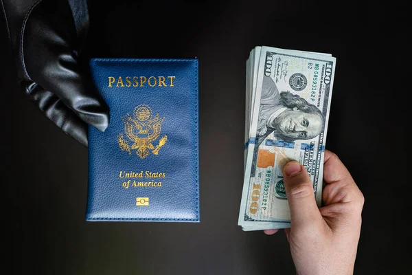 Hands Holding Passport Usa Dollar Bills Passport Issuance Forgery Documents — Stock Photo, Image