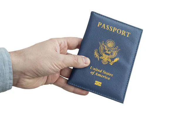 Mano Con Pasaporte Estadounidense Aislado Sobre Fondo Blanco Expedición Pasaporte —  Fotos de Stock
