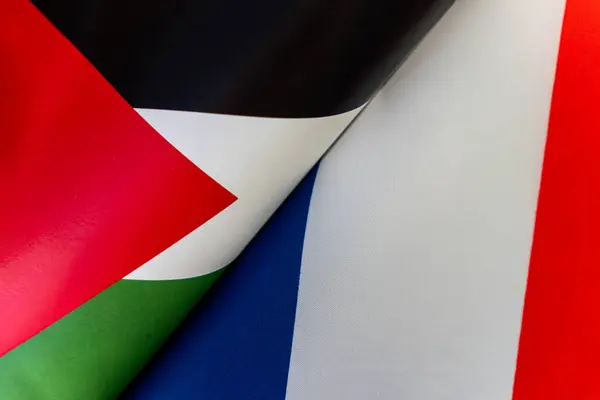 Flags of the france, palestine. The concept of international relations between countries. The concept of an alliance or a confrontation between two state governments. Friendship of peoples.