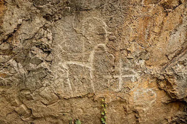 stock image rock animals of deer of ancient people on a stone cliff. Charvak