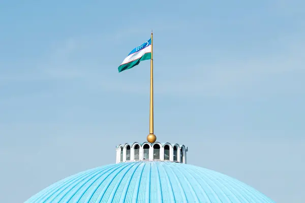 在蓝天飘扬着乌兹别克斯坦国旗 乌兹别克斯坦国旗高举独立日 波纹棉织物上的国家象征 图库图片
