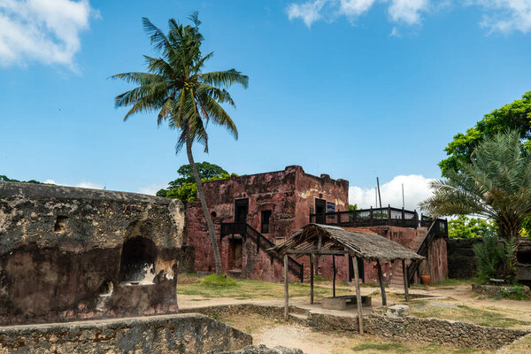 old fort Jesus in the Kenyan city of Mombasa on the coast of the Indian Ocean. Fort Jesus is a Portuguese fortification in Mombasa, Kenya. It was built in 1593