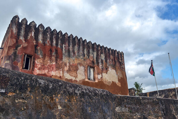 old fort Jesus in the Kenyan city of Mombasa on the coast of the Indian Ocean. Fort Jesus is a Portuguese fortification in Mombasa, Kenya. It was built in 1593