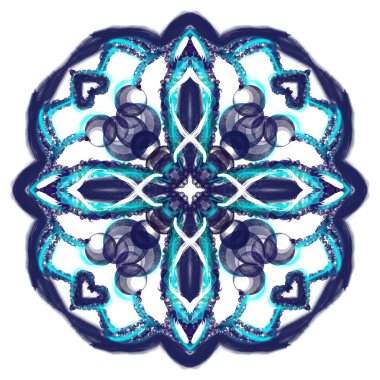   Dairesel bir şekilde düzenlenmiş geometrik çiçek desenli simetrik bir çivit mandalası. Tasarım birbirine kenetlenmiş şekiller ve yumuşak fırça darbesi dokuları içeriyor, bir uyum ve denge hissi yaratıyor.