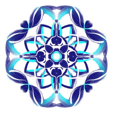   Dairesel bir şekilde düzenlenmiş geometrik çiçek desenli simetrik bir çivit mandalası. Tasarım birbirine kenetlenmiş şekiller ve yumuşak fırça darbesi dokuları içeriyor, bir uyum ve denge hissi yaratıyor.