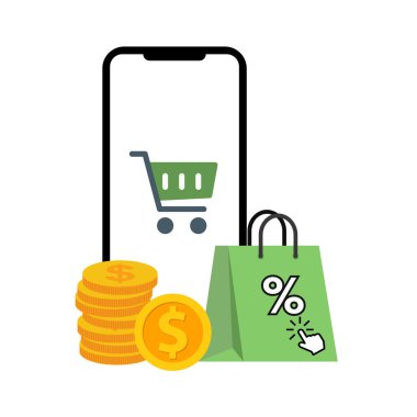 Akıllı telefon, mobil ödemeleri sembolize ediyor. Alışveriş çantası ve bozuk para telefonun önüne yerleştirildi. Kurulum bir çevrimiçi işlem veya dijital ödeme ortamı öneriyor. İllüstrasyon basit ve temiz bir tasarım kullanır. 