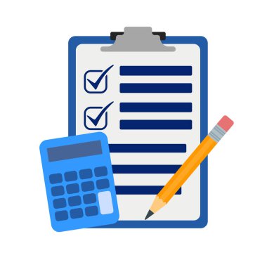 Kontrol listesi olan panoya mavi bir hesap makinesi ve sarı bir kalem eşlik eder. Kontrol listesinde, tamamlanmış görev veya ögeler öneren iki işaretli işaretli satırlar yer alıyor. Hesap makinesinin birden fazla düğmesi olan standart bir düzeni var.