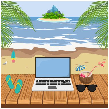 Sahil sahnesinde bir rıhtım boş bir ekranla dizüstü bilgisayar tutuyor. Yakınlarda, güneş gözlüğü ve parmak arası terlikler tahta yüzeyde dinleniyor. Bir kamışla hindistan cevizi içeceği ve çiçekler dizüstü bilgisayarın yanında oturur. Arka planda, okyanus dalgaları yavaşça kuma yaklaşıyor.