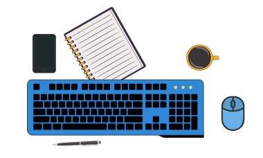 Mavi klavye, mavi fare, düz sayfalı sarmal defter, akıllı telefon, kahve fincanı ve beyaz arka planda kalem içeren düz çizim. Klavye ve fare bir çalışma masası kurulumunu önerirken, kahve fincanı ve kalem bir çalışma mekanını işaret ediyor
