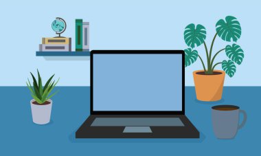 Mavi bir yüzeyde açık bir dizüstü bilgisayarın yer aldığı bir çalışma alanı. Sağda, gri bir kupa ve saksı canavarı bitkisi (Monstera deliciosa) yeşillik ekler. Solda, daha küçük bir sulu saksı mevcuttur. Yukarıda, bir duvar rafında kitaplar ve küçük bir küre, şekerim.