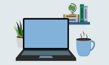 Boş mavi ekranlı dizüstü bilgisayar yüzeyde duruyor. Solda, beyaz tencerede küçük, yeşil sulu bir tencere. Sağda, dumanı tüten bir fincan kahve. Arka planda yüzen bir raf küçük bir küre ve farklı boyutlarda birkaç kitap barındırır. Tuzak su.