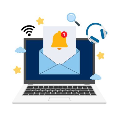 Posta gönderiliyor ve alınıyor. İnsanlar elektronik postayı telefonla, bilgisayarla, laptopla kullanıyorlar. Akıllı telefon ve dizüstü bilgisayarla e-posta yazan karakterler. Yeni gelen mesajlar, sosyal ağda sohbet, spam