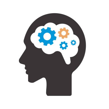 İnsan kafası dişli insan kafası ve dişli ikonu. Düz renk tasarımı. Vektör illüstrasyonu.