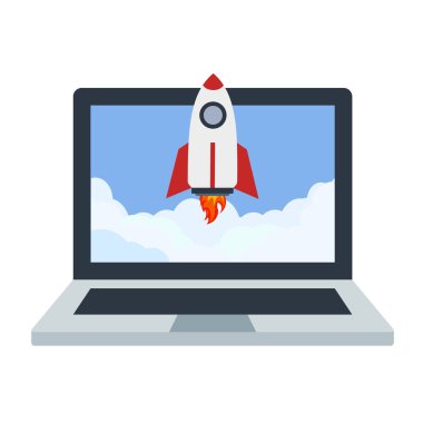 İşletme açılışı konsepti için dizüstü bilgisayardan çıkan roket ofis masasının üstünde, vektör düz çizim