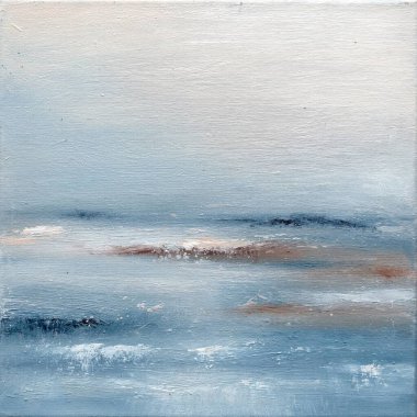 Tablo dokusu, plaj, deniz ve kum üzerindeki soyut deniz manzarası. El yapımı deniz akrilik sanatı. Tuval üzerinde mavi doku yağı, fırça darbeleri, fırça darbeleriyle boya.