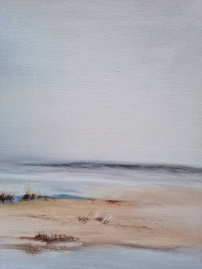 Fırça darbeleriyle soyut plaj resmi, kıyı, çağdaş sanat. El çizimi sanat. Çadır bezinde sessiz bej ve mavi dokuma yağı. Yüksek kalite fotoğraf