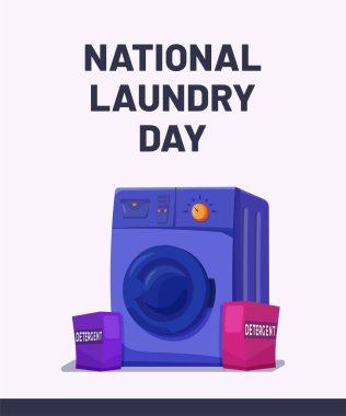 Ulusal Çamaşır Günü, Dikey Arkaplan Tasarım Kartı. Çamaşır Makinesi ve Çamaşır Tozu ile Beyaz Arkaplanda İzole Edilmiş Ulusal Çamaşır Günü.