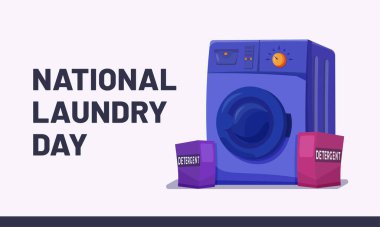 Ulusal Çamaşır Günü, Peyzaj Tasarımı Kart Tasarımı. Çamaşır Makinesi ve Çamaşır Tozu ile Beyaz Arkaplanda İzole Edilmiş Ulusal Çamaşır Günü.