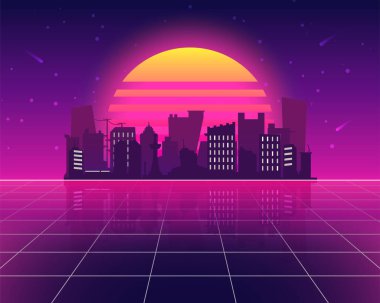 Vintage Sunset Şehir Manzarası 'nın Vektör İllüstrasyonu. Retro Futuristik 80 'ler Neon Sunset Peyzaj Biçimi
