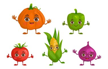 Çizgi film sebzeli vektör çizimleri. Balkabağı, dolmalık biber, mısır, soğan, domates. Kolları ve bacaklarıyla.