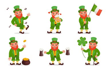 Neşeli bir Leprikon, bira, İrlanda bayrağı, dans ve şenlikli bir ruh haliyle bir dizi vektör çizimi. Mutlu Aziz Patrick günleri.!