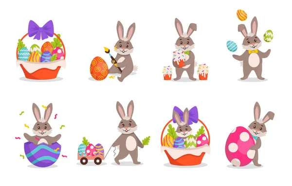 Комплект Векторных Иллюстраций Пасхальным Кроликом Раскрашенными Яйцами Корзинами Праздничным Настроением — стоковый вектор