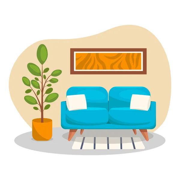 Wohnzimmereinrichtung Vektor Kein Hintergrund Sofa Mit Kissen Pflanzen Teppich Und — Stockvektor