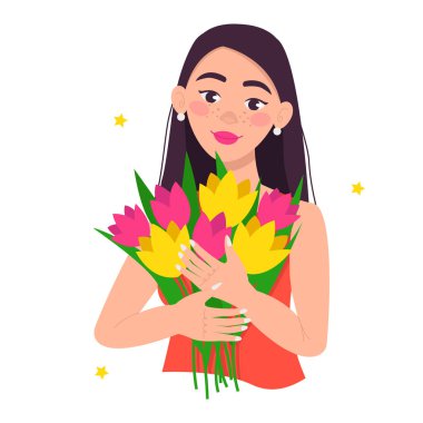 Güzel bir kız (kadın) elinde bir buket çiçek tutar. Esmer, uzun düz saçlı..