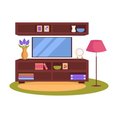 Oturma odasının içi. Vektör, geçmiş yok. Gardırop, TV, çiçek vazosu, yer lambası, kitaplar, halı, tablolar, dekor.