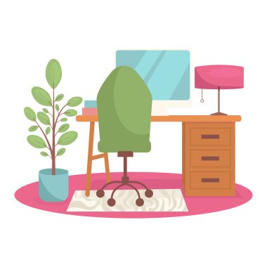 Ofis içi. Masaüstü, bilgisayar, koltuk, halı, bitki, çiçekli vazo, kitaplar. Arkaplan yok.