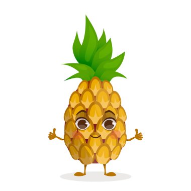 Meyve vektörü çizgi film karakteri, ananas. Yüzü, kolları ve bacakları olan meyve..