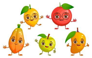 Çizgi film meyveli vektör çizimleri. Limon, elma, papaya, greyfurt, mango. Kolları ve bacaklarıyla.