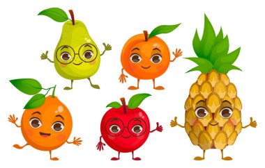 Çizgi film meyveli vektör çizimleri. Armut, elma, portakal, ananas, şeftali. Kolları ve bacaklarıyla.