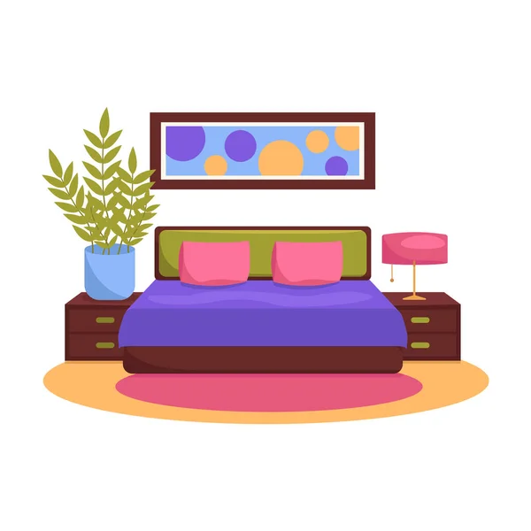 Schlafzimmereinrichtung Vektor Kein Hintergrund Bett Nachttische Gemälde Blumenvase Teppich Lampe — Stockvektor