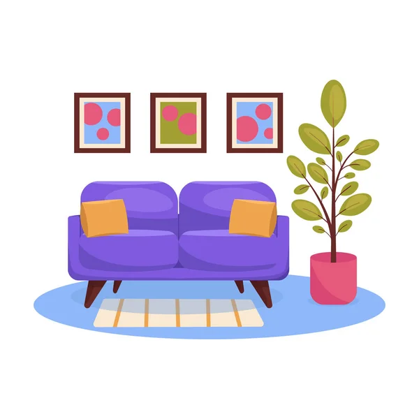 Wohnzimmereinrichtung Vektor Kein Hintergrund Sofa Mit Kissen Pflanzen Teppich Und — Stockvektor