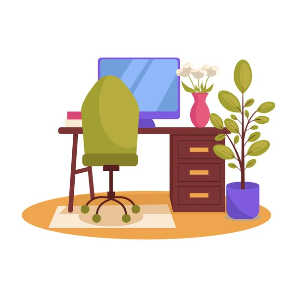 stock vector Office interior. Desktop, computer, armchair, carpet, plant, vase with flowers, books. No background.