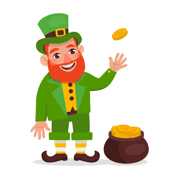 stock vector Vector funny leprechaun stands by the peas of gold coins and flips one coin. St.Patrick 's Day.