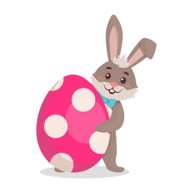 Vektör çizimi. Paskalya Tavşanı büyük boyalı bir yumurtanın arkasından bakar. Paskalya. Ayarla.