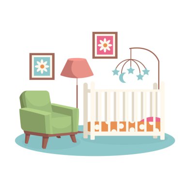 Yatak odasının içi. Çocuk odası. Vektör, geçmiş yok. Beşik, koltuk, tablolar, yer lambası, çocuk cep telefonu..