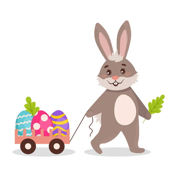 Ilustração Vetorial Easter Bunny Está Carregando Carrinho Cheio Ovos Coloridos — Vetor de Stock