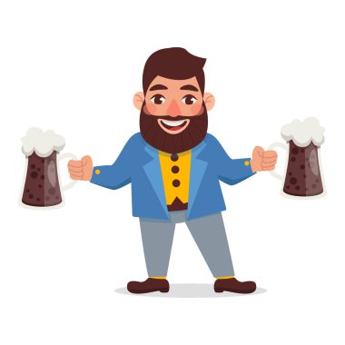 Ceketli sakallı adam iki bardak koyu bira tutuyor..