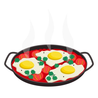 İsrail ulusal yemeği. Shakshouka. Kızarmış yumurta, soslu, domates ve baharatlı..