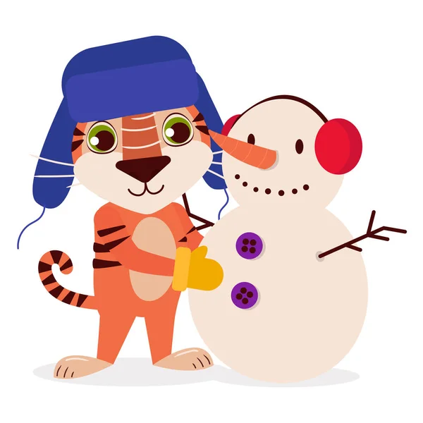 Ein Tiger Mit Hut Und Ohrenklappen Formt Einen Schneemann — Stockvektor
