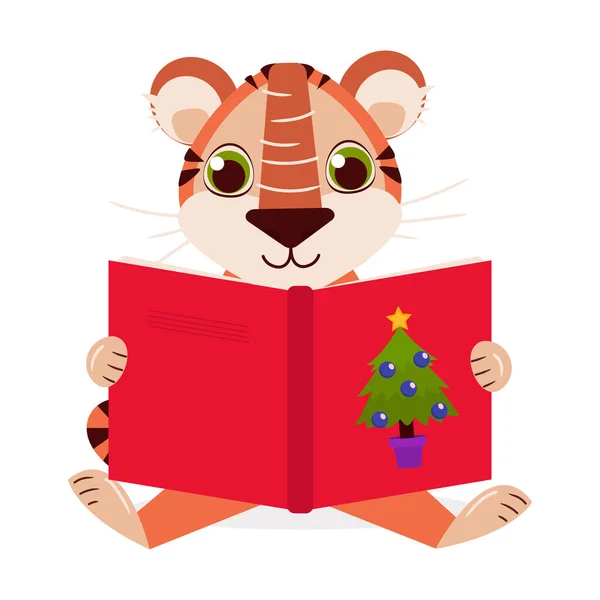 かわいい虎の赤ちゃんは見て 表紙にクリスマスツリーと明るい赤の新年の本を読みます — ストックベクタ